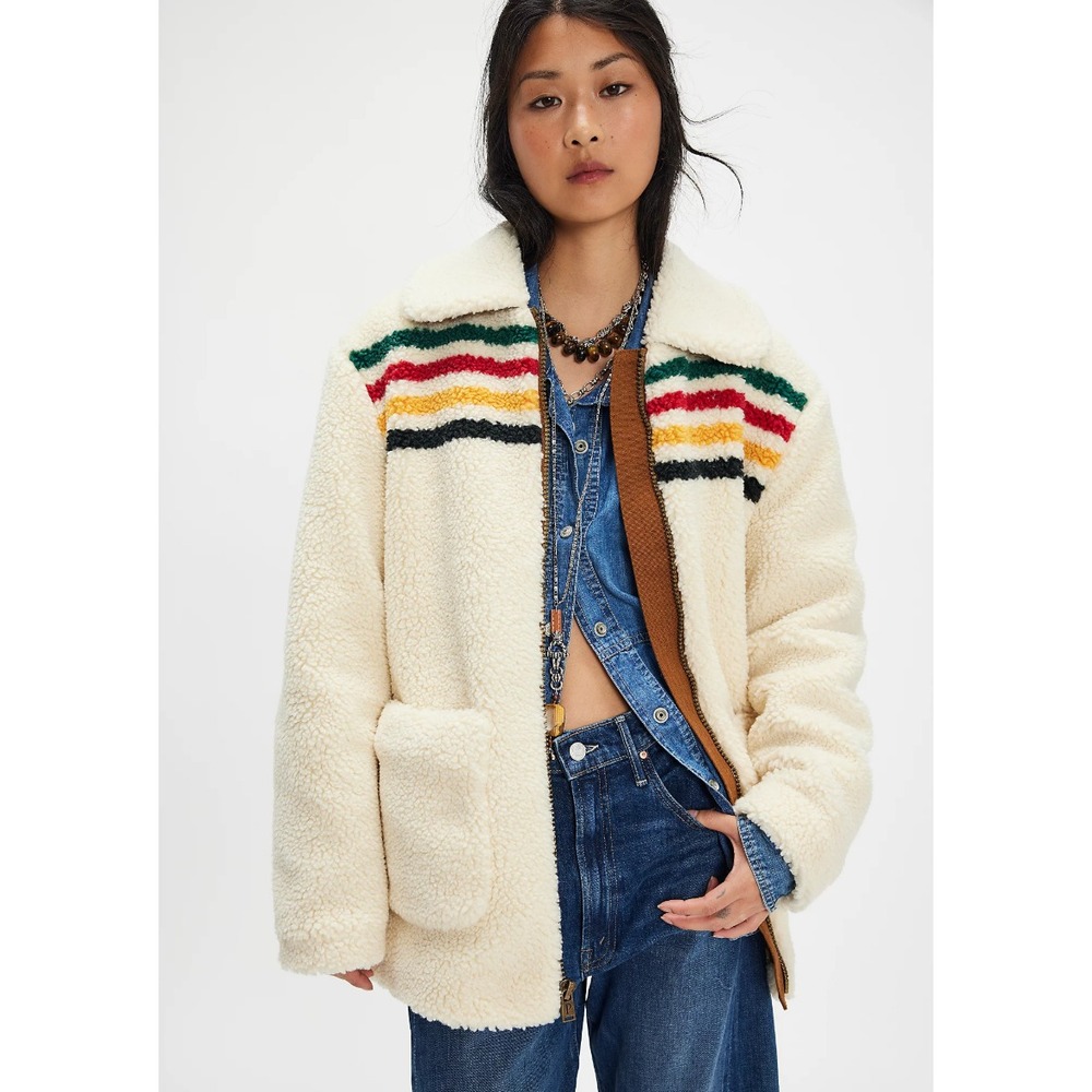 Pendleton Glacier Sunset Jacket Womens Medium Sherpa Pile Fleece Colorful Cream